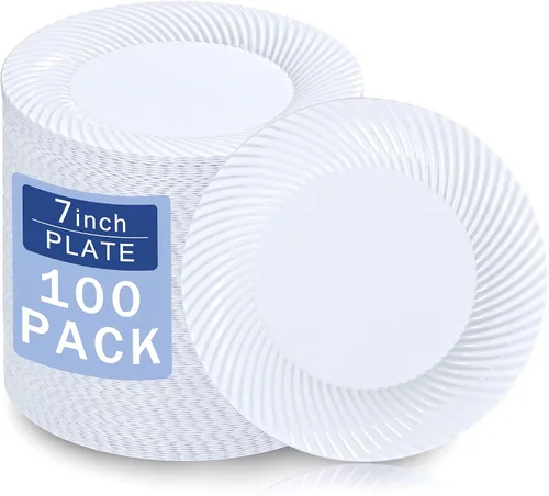 Vista 20 de I00000 - Platos de plástico azul de 7 pulgadas, 100 platos desechables de postre resistentes, platos de ensalada azules desechables, platos duros