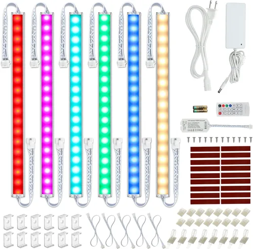 Vista 3 de Litever Kit de iluminación LED para debajo del gabinete. Color RGB y luz blanca cálida brillante. Barras de luz LED enlazables delgadas