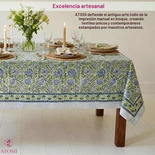 Vista 3 de ATOSII Mantel 100% algodón, Amara, floral, hecho a mano, rectangular, de lino, para cocina, comedor, fiestas, bodas, exteriores, picnics, Pascua