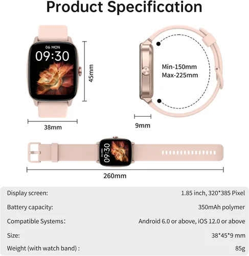 Vista 9 de Relojes inteligentes para mujeres y hombres con llamada Bluetooth y voz AI, monitor de actividad física HD de 1.85 pulgadas con monitor de sueño