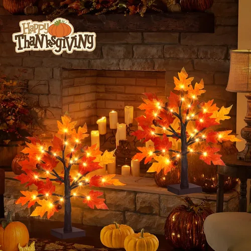 Vista 6 de Árbol de arce de otoño iluminado de 1.5 pies, lámpara de mesa de Acción de Gracias con 36 luces LED, hojas de arce, 6 bellotas, función