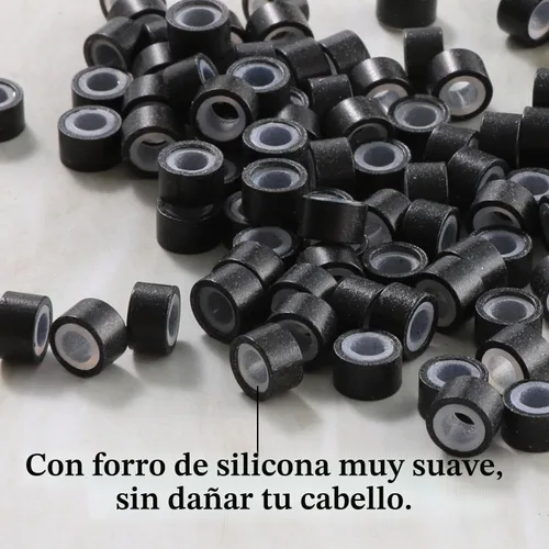 Vista 3 de Anillas de microenlace de 4 mm con forro de silicona, cuentas de oropel para extensiones de pelo, 300 unidades, color negro