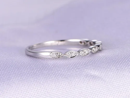 Vista 3 de Diamantes naturales, anillo de boda de media eternidad, oro blanco sólido de 14 quilates, anillo de aniversario, estilo marquesa Art Deco