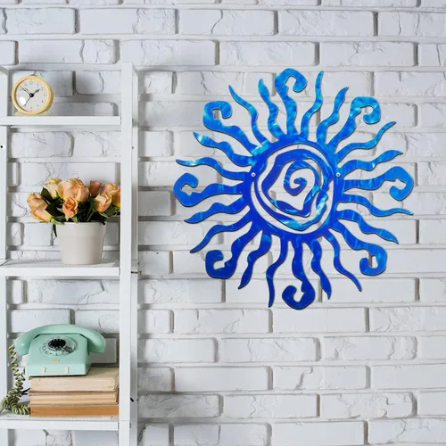 Vista 4 de Moxweyeni Arte de pared de metal con sol de 12 pulgadas, decoración al aire libre, loco y grande, decoración de pared de metal, decoración de Azul