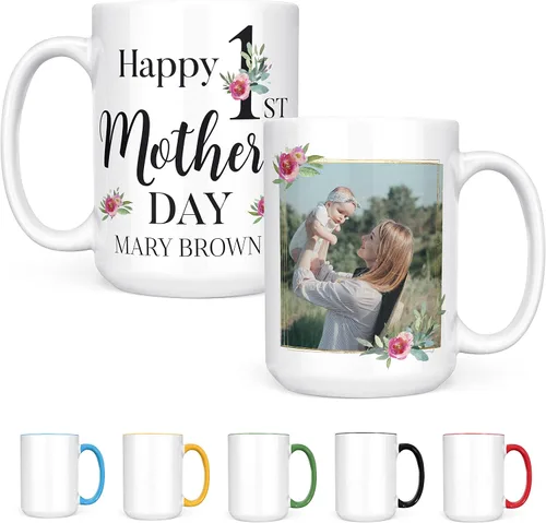 Vista 14 de Regalos para el primer día de la madre, taza de café personalizada con foto y nombre, 11 o 15 onzas, 10 opciones de color, taza personalizada