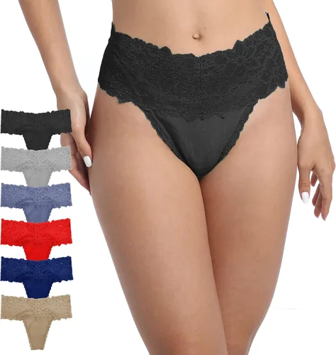 Vista 2 de GAREDOB Tangas de algodón retro de cintura alta para mujer, paquete de 6 unidades, ropa interior de encaje, talla grande, tiro alto, control