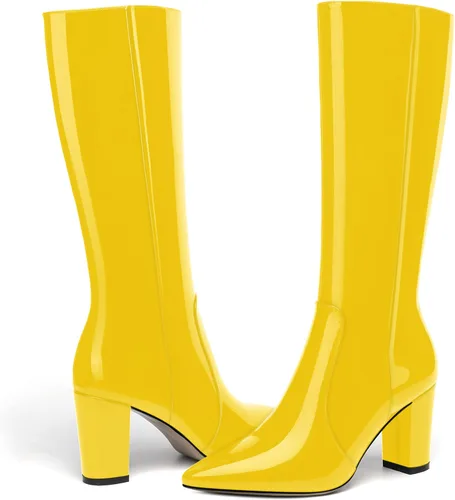 Vista 48 de AMBELIGHT Botas altas hasta la rodilla con cremallera y puntera puntiaguda para mujer, de patente sólida, tacón alto, 3.3 pulgadas