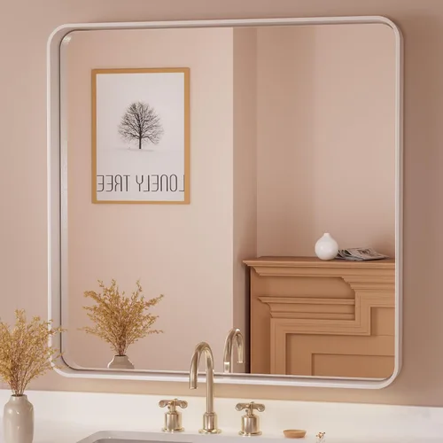 Vista 27 de Espejo de marco dorado cepillado de 16 x 24 pulgadas, espejo de tocador de baño de latón dorado para pared, espejo enmarcado rectangular de esquina