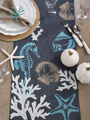 Vista 4 de SARO LIFESTYLE Sea Design - Camino de mesa, 16 x 54 pulgadas, azul marino