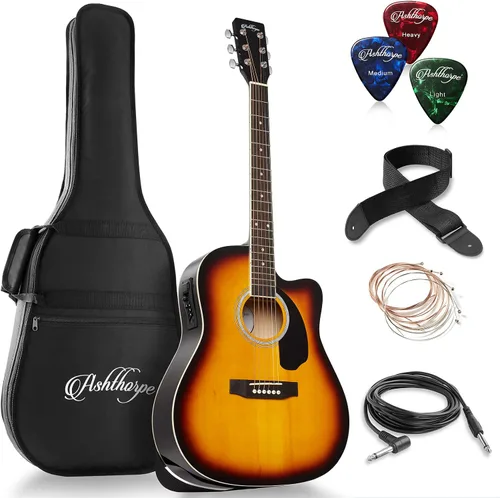 Vista 9 de Ashthorpe Paquete de Guitarra Acústico-Eléctrica Dreadnought Cutaway de Tamaño Completo - Maderas Tonales Premium - Negro