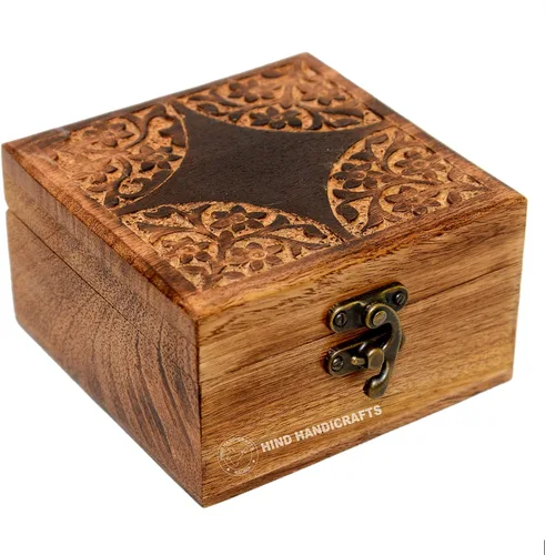 Vista 13 de Urna de madera antigua hecha a mano con grabado del árbol de la vida tallada a mano para mujeres y hombres, joyas Acentos de decoración del hogar