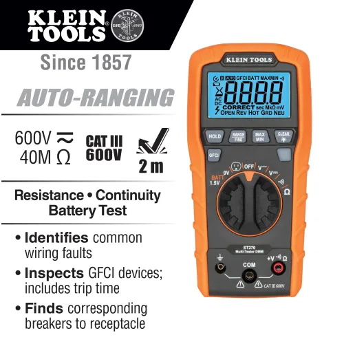 Vista 2 de Klein Tools ET270 Multímetro digital de rango automático, CA/CC, resistencia, continuidad, probador de receptáculo GFCI con cables de prueba y cable