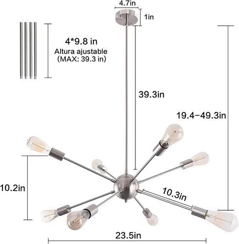 Vista 7 de ETONIMERR 23.6'' Candelabros Sputnik de níquel cepillado, lámpara de techo Sputnik de 8 luces, lámpara colgante, lámpara de araña moderna