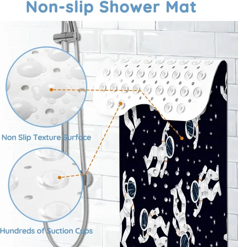 Vista 3 de Tapetes de bañera para niños, tapete de baño de astronauta negro antideslizante para bañera de 40 x 16 pulgadas, grande, lavable, antideslizante