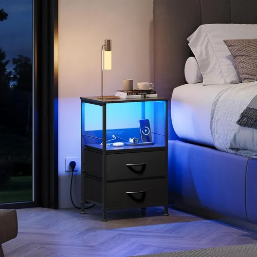 Vista 2 de WLIVE - Mesita de noche LED con estación de carga, mesita de noche negra con 2 cajones de tela y estante de almacenamiento, mesa auxiliar