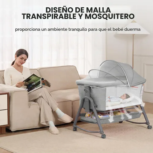 Vista 9 de Real Relax Moisés para bebé, cuna mecedora 3 en 1 para bebé con 6 alturas ajustables, laterales y colchón de malla transpirable, cesta de Gris