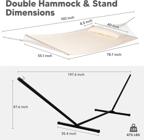 Vista 4 de SUNCREAT Hammocks Hamaca doble extragrande con soporte de 12 pies, capacidad de 475 libras, hamaca portátil al aire libre con barra separadora