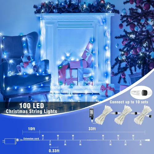 Vista 2 de Guirnalda de luces navideñas con 100 LEDs, tira de 33 pies, 8 modos, conectable, impermeable, parpadeante, con temporizador y memoria, para Azul