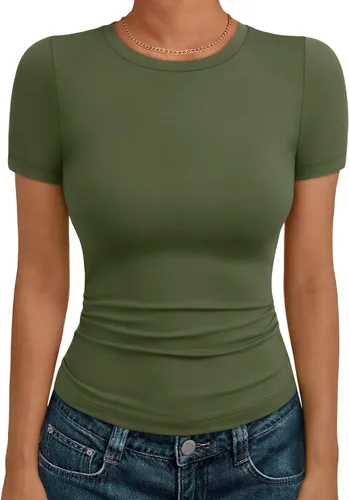 Vista 10 de AUTOMET - Camisetas básicas de manga corta para mujer, para verano, entrenamiento o gimnasio, con cuello redondo, ropa moderna estilo Y2K