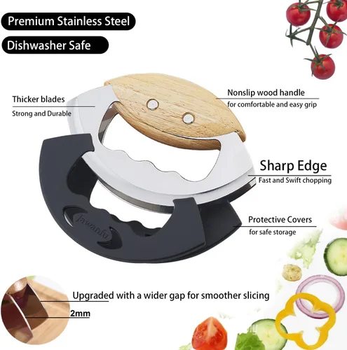 Vista 4 de Herramientas picadoras de ensalada con cubierta protectora, cuchillo de corte afilado Mezzaluna, doble hoja, cuchillo balancín de acero inoxidable