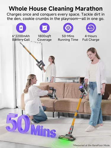 Vista 3 de MONSGA Aspiradora inalámbrica, 45 kPa y 400 W para el hogar, aspiradora antienredos de 50 minutos con base de carga, aspiradora de mano ligera