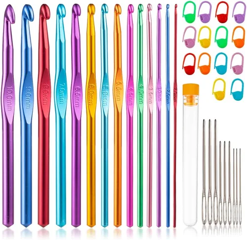 Vista 12 de Vodiye Ganchos de ganchillo grandes de 3 tamaños de 0.394-0.591 in, juego de ganchos ergonómicos de ganchillo, ganchos de metal coloridos para hilo