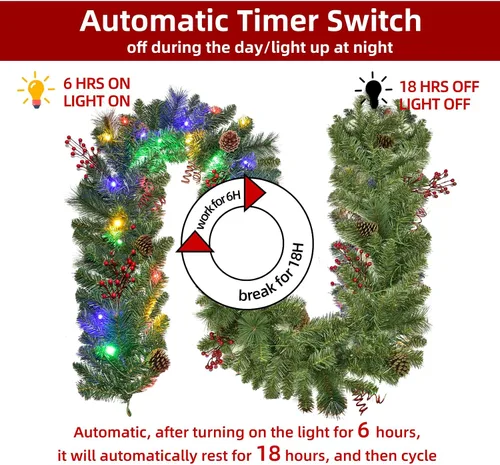Vista 5 de HOYECHI - Juego de 2 guirnaldas navideñas preiluminadas - 2.7 m cada una con 50 luces LED y bayas rojas, alimentadas por baterías con 8 modos