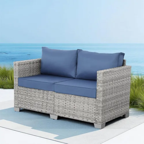 Vista 5 de WAROOM Sofá de mimbre para patio al aire libre, sofá pequeño de mimbre de 2 plazas, muebles de balcón, asiento profundo, asiento de porche, cojín