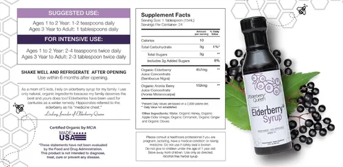 Vista 2 de Elderberry Queen Jarabe de Saúco Orgánico 12 Fl Oz - Fórmula de Apoyo Inmunológico con Sambucus Black Elderberry y Aronia Berry - Jarabe de Saúco