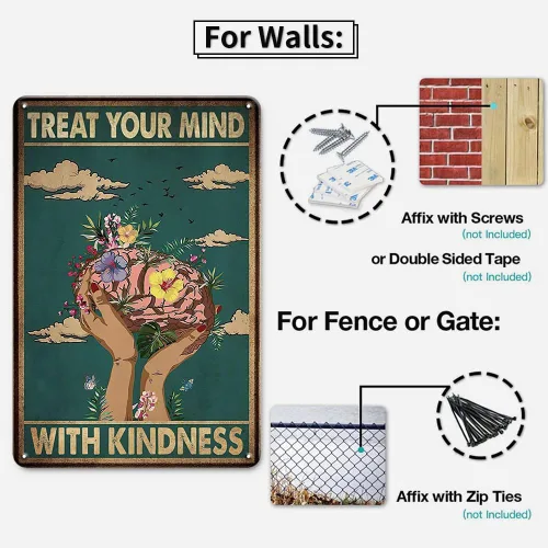 Vista 6 de Letrero de metal grueso vintage con texto en inglés «Treat Your Mind With Kindness»