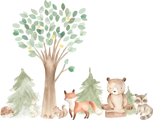 Vista 3 de InnovativeStencils Vinilo decorativo para pared de acuarela de bosque, pino y roble, criaturas animales – oso, zorro, mapache, conejo, ardilla