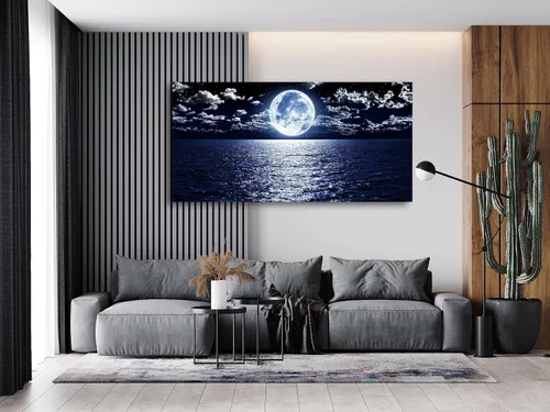 Vista 5 de Cao Gen Decor Art S06950 - Lienzo decorativo para pared, diseño de luna, mar, océano, paisaje, 1 panel, luna llena en nube, cuadros estirados
