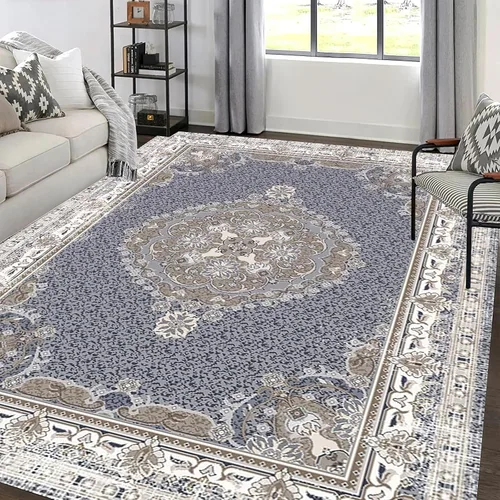 Vista 3 de Alfombra de área estampada azul, retro, envejecida, antideslizante, para interiores, sala de estar, lavable a máquina, transpirable para sala