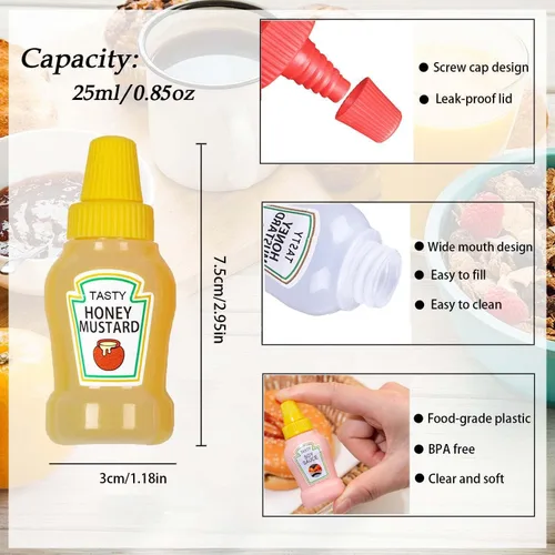 Vista 2 de 4 mini botellas exprimibles para condimentos con cepillo de limpieza, 0.8 fl oz a prueba de fugas, mini botellas de salsa de tomate