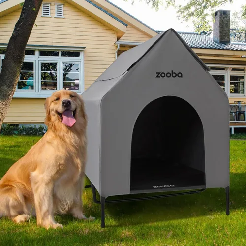 Vista 13 de Zooba Casa para perros 2 en 1 de 29 pulgadas para perros medianos, casa elevada para perros al aire libre e interior, refugio elevado para mascotas