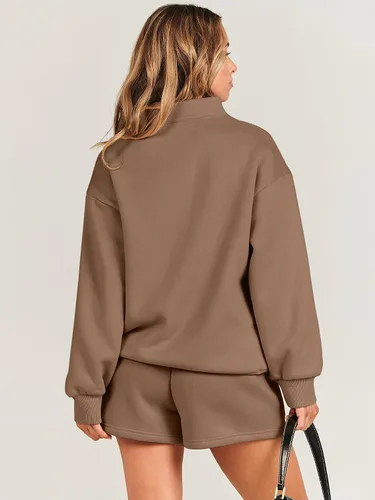 Vista 4 de Caracilia Conjunto deportivo de 2 piezas para mujer, sudadera de gran tamaño con media cremallera y pantalones cortos a juego para el otoño