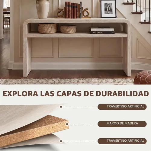 Vista 5 de Hyfirm Mesa consola de madera estilo travertino con estante de Beige