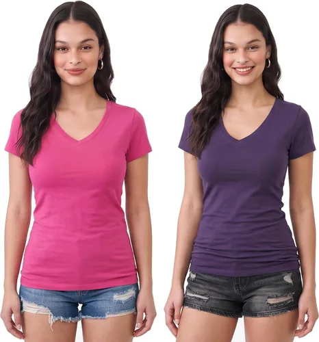 Vista 138 de Emmalise Camiseta de manga corta para mujer, cuello en V, tallas junior y plus