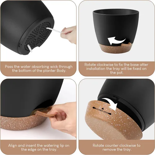 Vista 3 de YNNICO Macetas de 10/9/8/7.5/7 pulgadas, macetas de riego automático con agujeros de drenaje y platillos para plantas de interior y exterior (negro)
