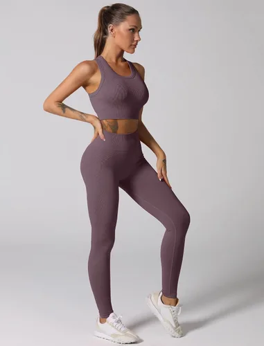Vista 60 de Conjuntos de entrenamiento para mujer, 2 piezas, sin costuras, acanalada, sin mangas, brasier deportivo, cintura alta, pantalones cortos