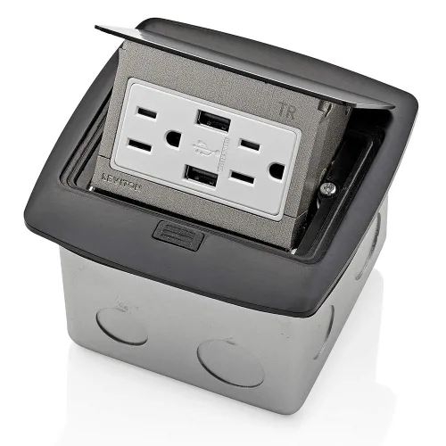 Vista 21 de Leviton Caja de suelo emergente con salida de 15 A, salida GFCI de autoprueba resistente a manipulaciones, PFGF1-MB, color negro