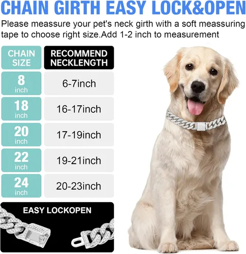 Vista 2 de Collar cubano de cadena para perro, collar de metal plateado para caminar con hebilla segura, collar de cristal cubano para mascotas, accesorios