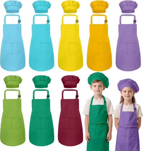 Vista 12 de Juego de delantal y sombrero de chef para niños, 24 piezas con 2 bolsillos ajustables para cocinar, aula, hornear, pintura, 6 a 13 años