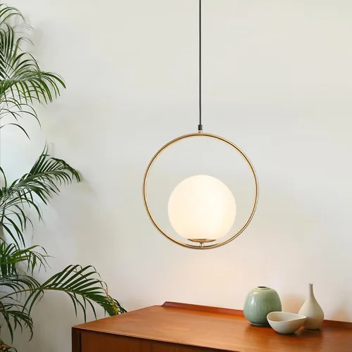 Vista 8 de KCO Moderna lámpara colgante de globo dorado con 1 luz individual de cristal blanco para isla de cocina, lámpara colgante ajustable de mediados