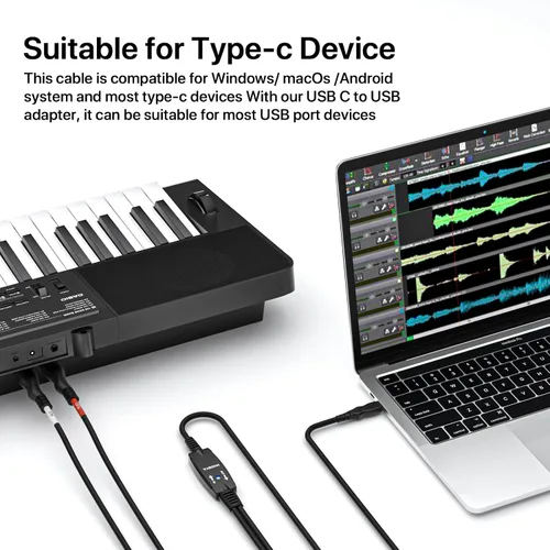 Vista 3 de Cable MIDI, cable de interfaz MIDI a tipo C de 4.5 pies, interfaz MIDI de entrada/salida a adaptador de cable tipo C con indicador para teclado