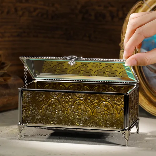 Vista 3 de Joyero de cristal rectangular vintage con tapa con bisagras, anillo de joyería, pulsera, caja de exhibición de metal de recuerdo, caja