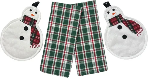 Vista 23 de Paños de Cocina y Agarraderas Navideños - Juego Alegre de Navidad de 4 Piezas 100% Algodón Verde Rojo Blanco - Dos (2) Paños de Cocina, Un (1)