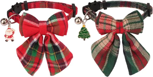 Vista 13 de PTDECOR Paquete de 2 Collares Navideños para Gatos, Collar de Gato Navideño con Corbatín y Campanilla Desmontables, Collares Navideños de Liberación