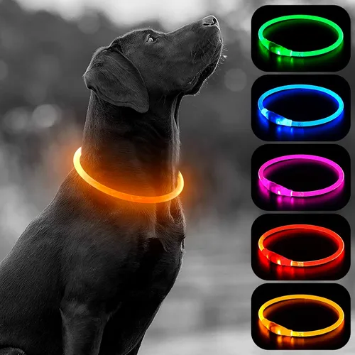 Vista 10 de HIGO Collar de perro con luz LED, recargable por USB, que brilla en la oscuridad, collar de seguridad para mascotas cortable de TPU para pasear Azul