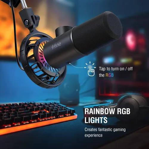 Vista 4 de FIFINE - Micrófono USB para juegos, micrófono dinámico RGB con conector de toque para silenciar y auriculares, micrófono cardioide Plug & Play